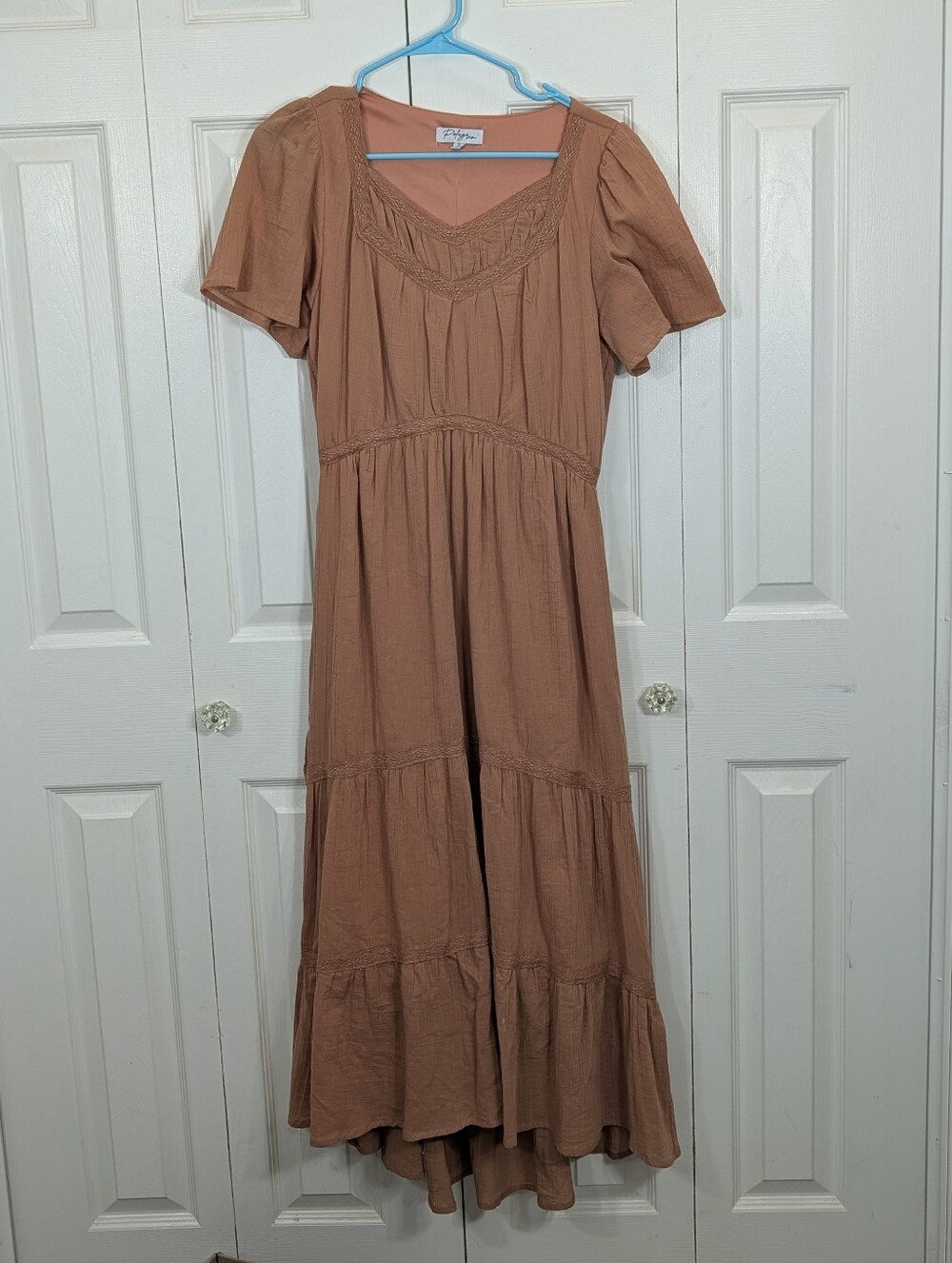 Polagram: Tiered Ruffle Maxi Dress with Lace Trim-Orange-Size Small